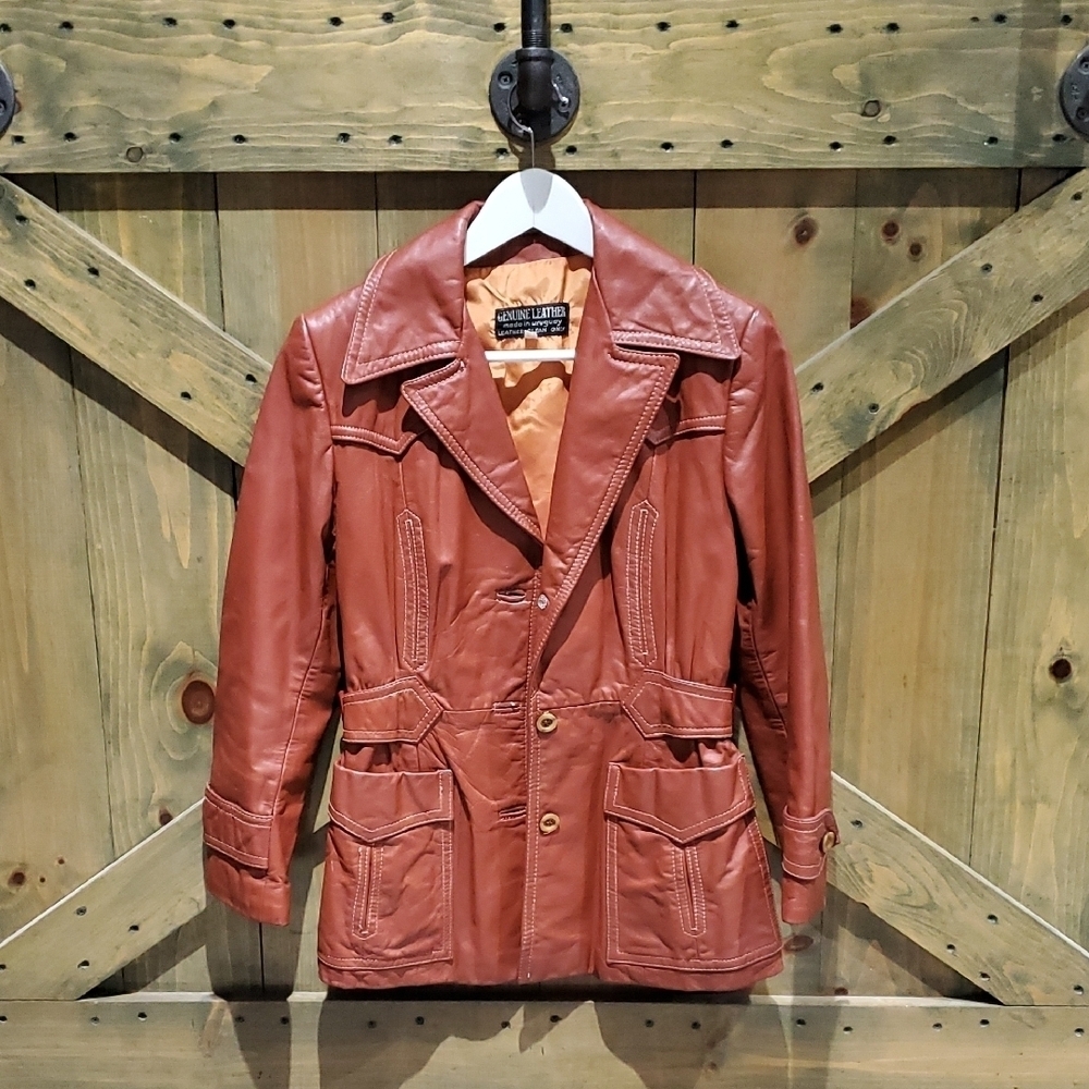 Vintage Brown Rust Leather Jacket Uruguay Retro Hip EUC Chic City Disco Fever